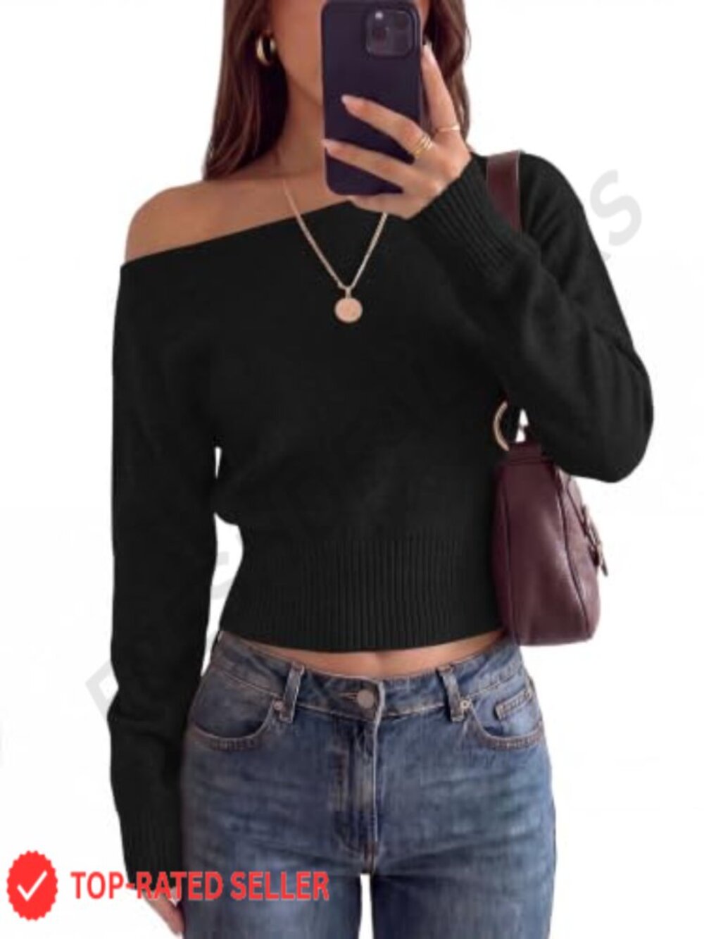 Off Shoulder Cropped Sweater Ribbed Knit Pullover Going Out Top
